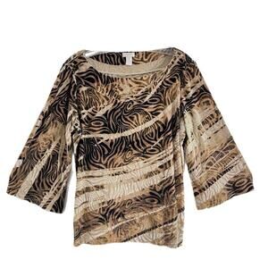 Chicos Size 2 Velvet Burnout Semi Sheer Top Size L Brown Beige Tiger Print